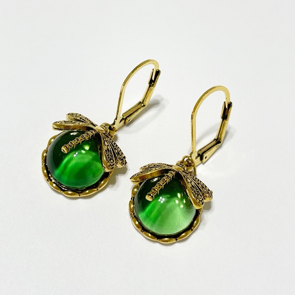 Elegant Green and Gold Dragonfly Earrings